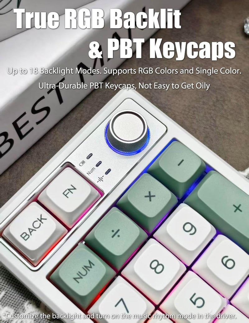 TISHLED Gasket Creamy Mechanical Numpad Programmable Macro Keypad Wireless 2.4G/Bluetooth 5.0/Wired USB-C RGB Backlit Hot Swappable Number Pad Rechargeable Numeric Keyboard Metal Knob, Botanic Garden - Image 5